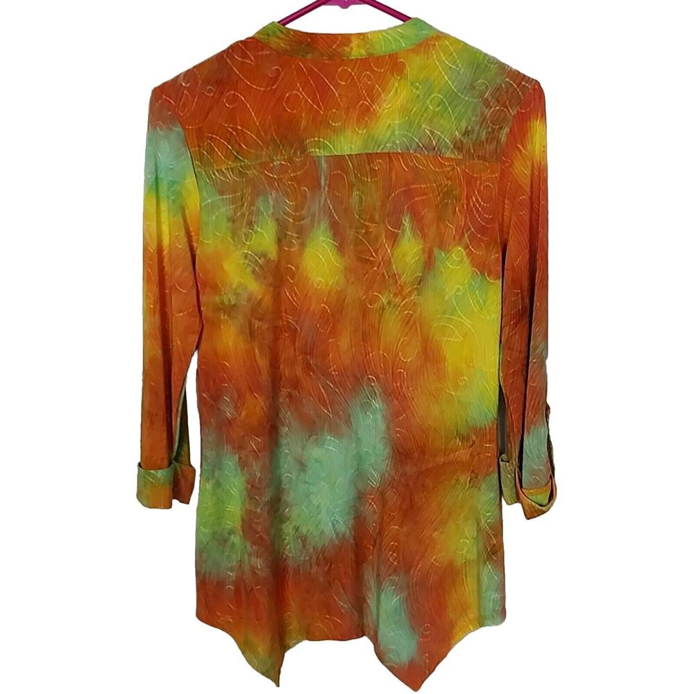 Cocomo Womens Tie Dye Embroidered Tunic Top Orange Green 3/4 Sleeve Sharkbite L - Picture 2 of 8